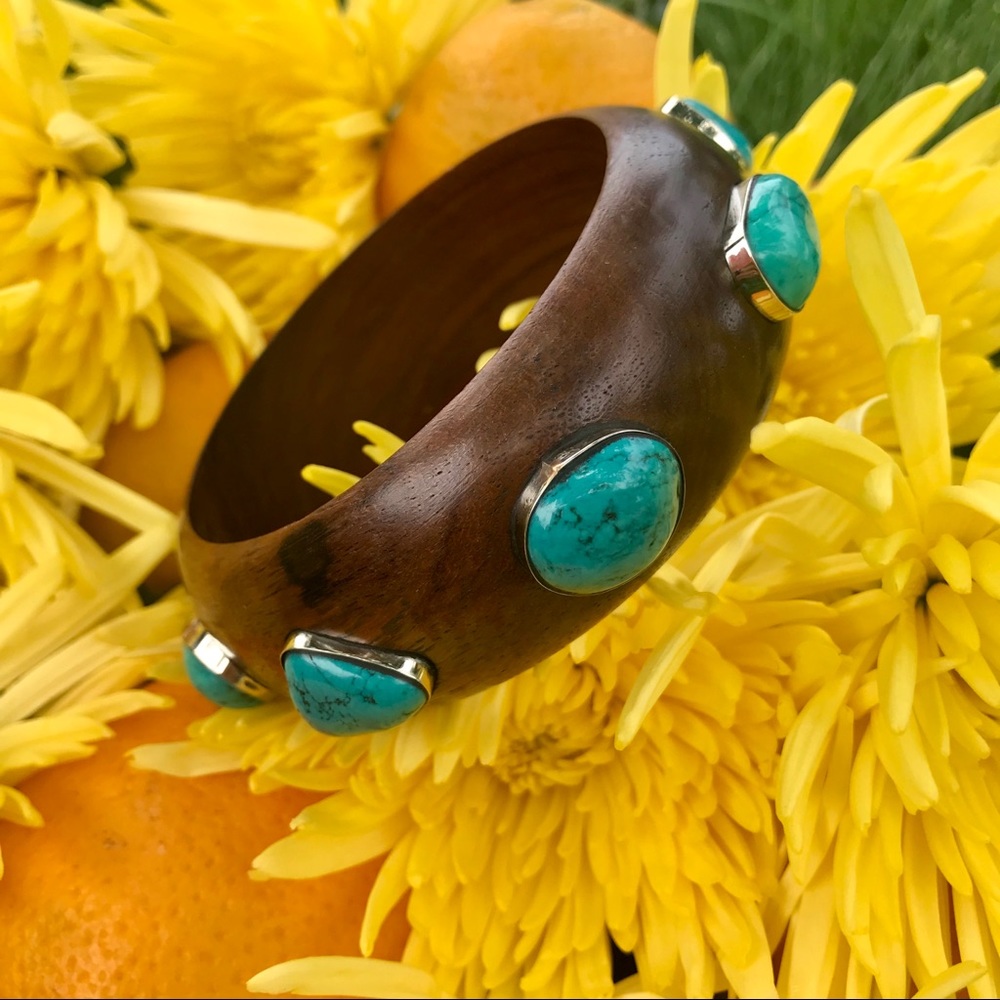 Wooden & genuine turquoise bangle from Asia
